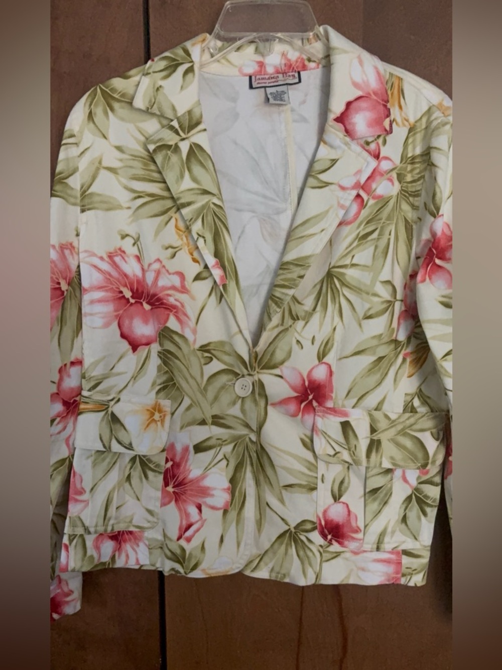 Tropical Floral Button-Front Jacket in Cream, Pink & Green Sz Large